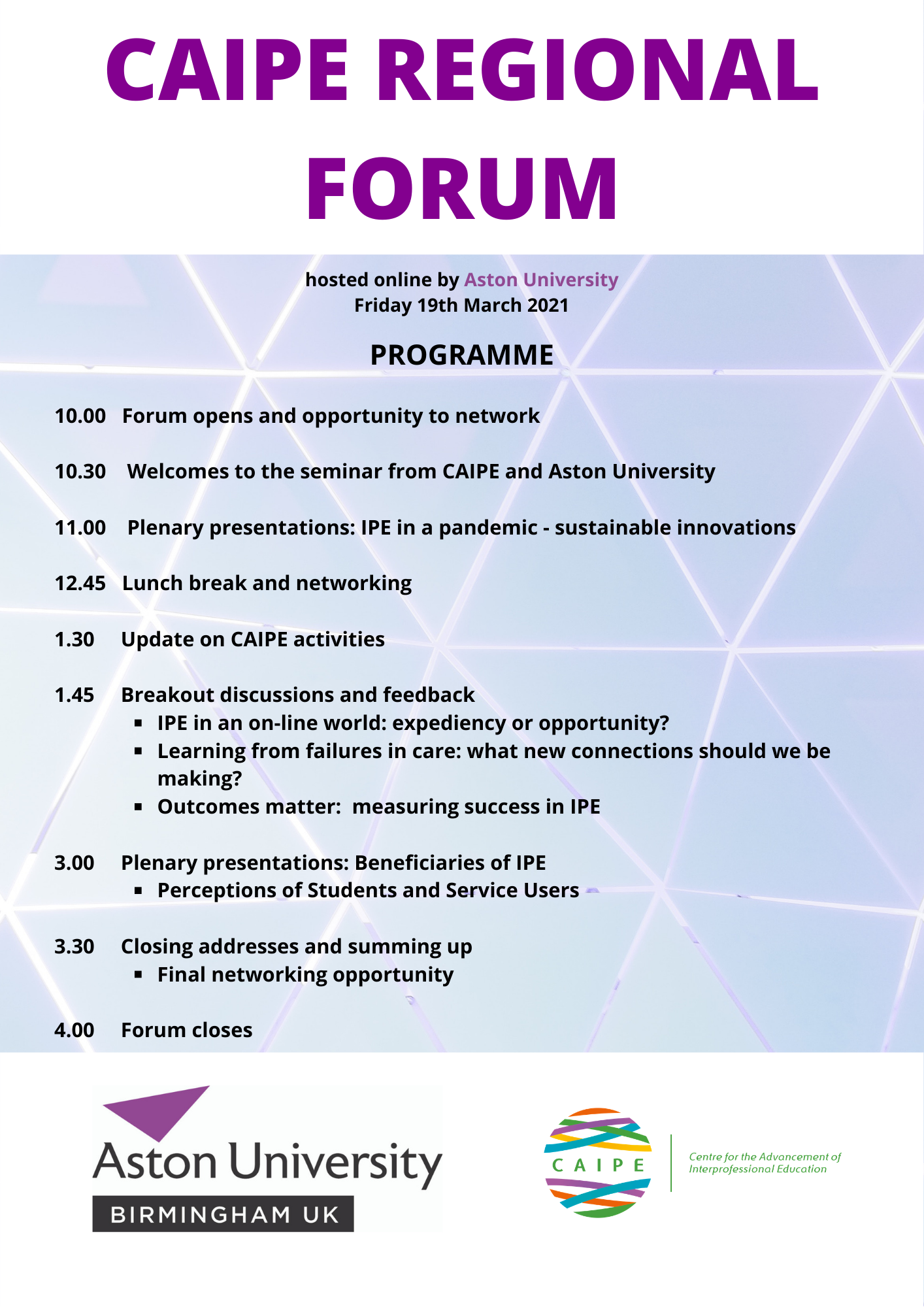 CAIPE Regional Forum Outline Programme - Aston University